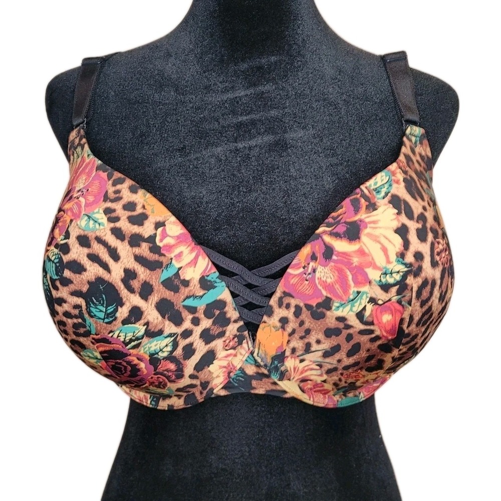 Torrid Curve Push-Up Plunge Bra‎ 40DDD – Leopard Floral Strappy Detail